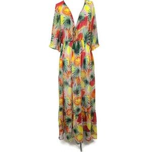New America & Beyond Fruit Punch Sheer Cover Up Womens Medium Kaftan Dress